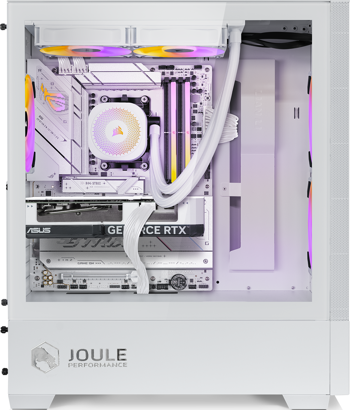 Un PC bianco con ventole RGB, scheda madre, dissipatore CPU e GPU all'interno.