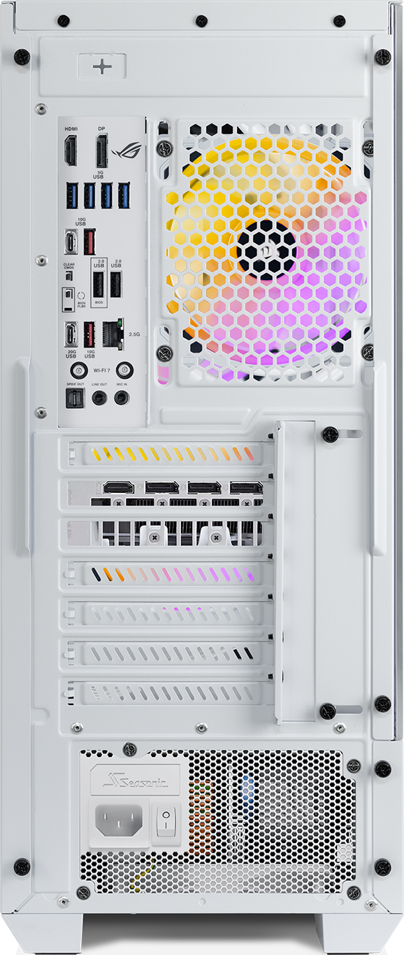 Retro PC bianco con porte, ventola con illuminazione RGB.