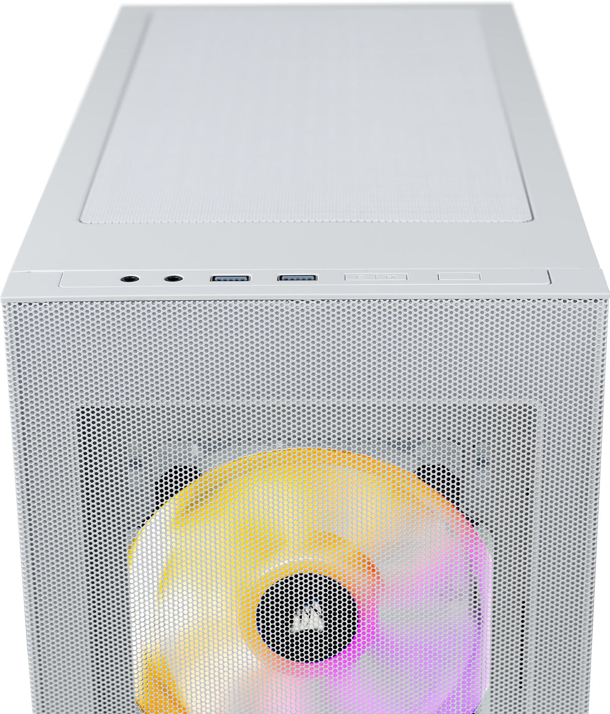 Frontale case PC bianco con ventola RGB illuminata.