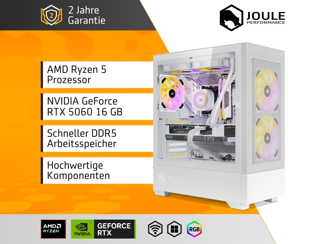 Case PC bianco con ventole RGB, AMD Ryzen 5, RTX 5060, RAM DDR5.