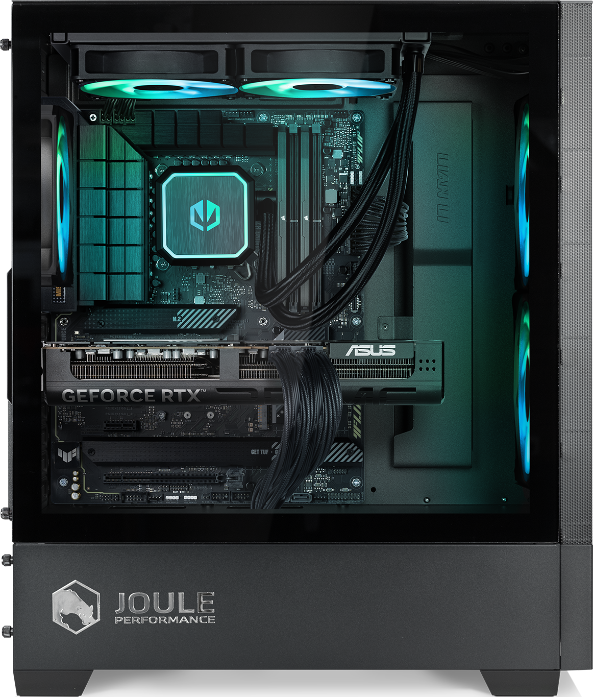 Ein moderner Gaming-PC mit RGB-Beleuchtung, Grafikkarte und CPU-Kühler.