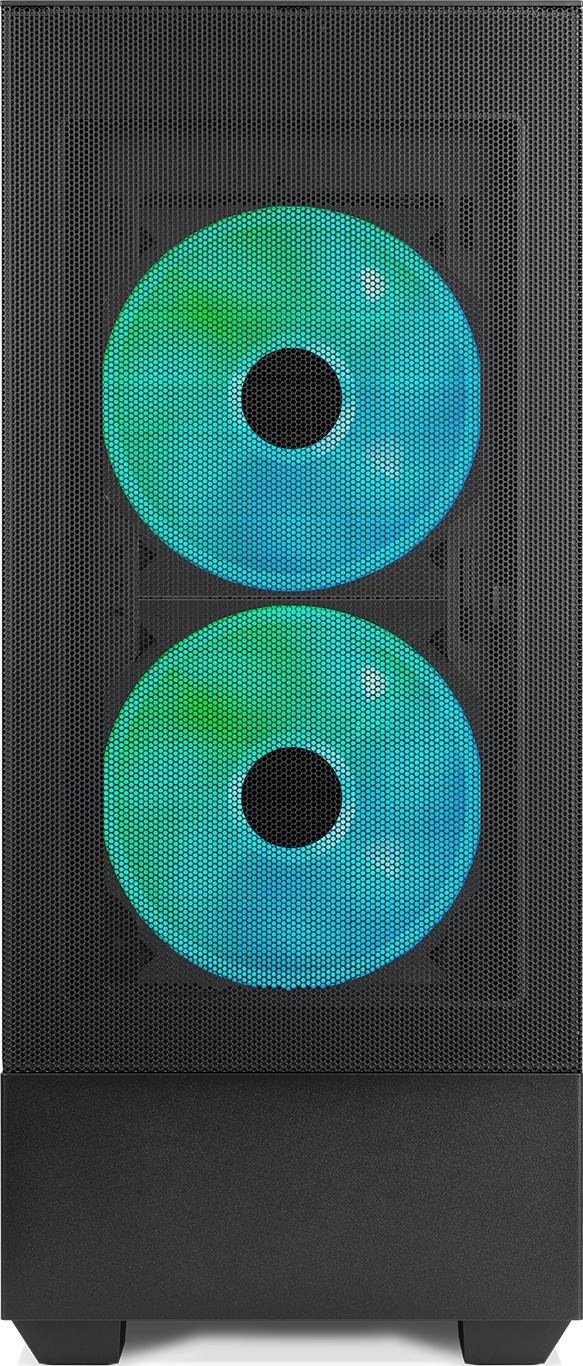 Ein schwarzes Computergehäuse mit zwei RGB-Lüftern, die grün und blau leuchten.