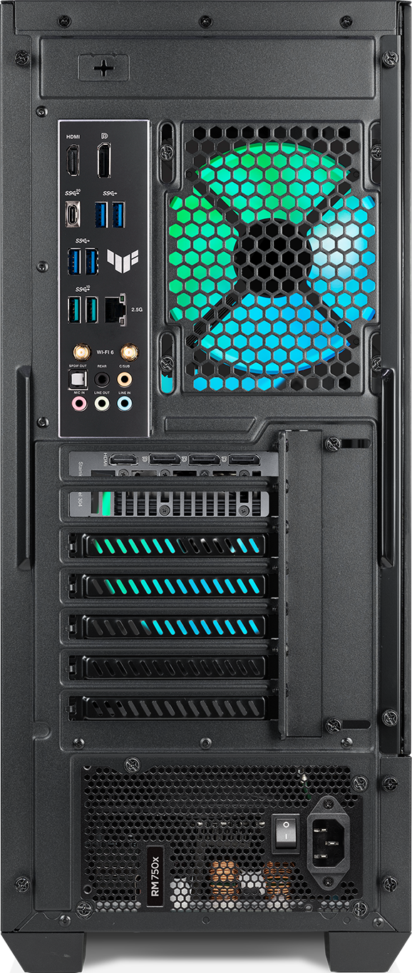 Rückseite eines schwarzen PC-Gehäuses mit Anschlüssen, Lüftern und Netzteil.