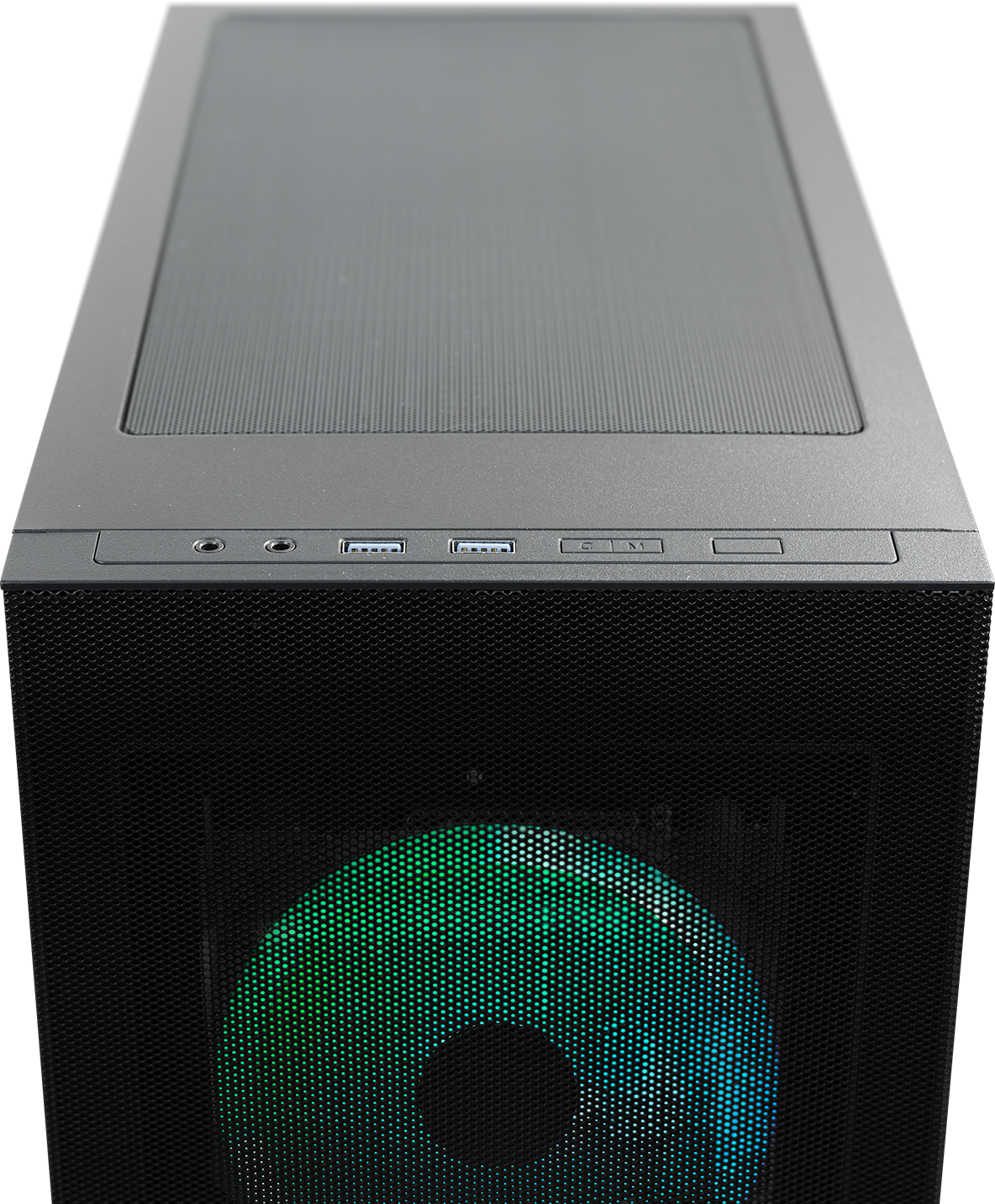 Ein schwarzes Computergehäuse mit beleuchtetem Lüfter und Anschlüssen.