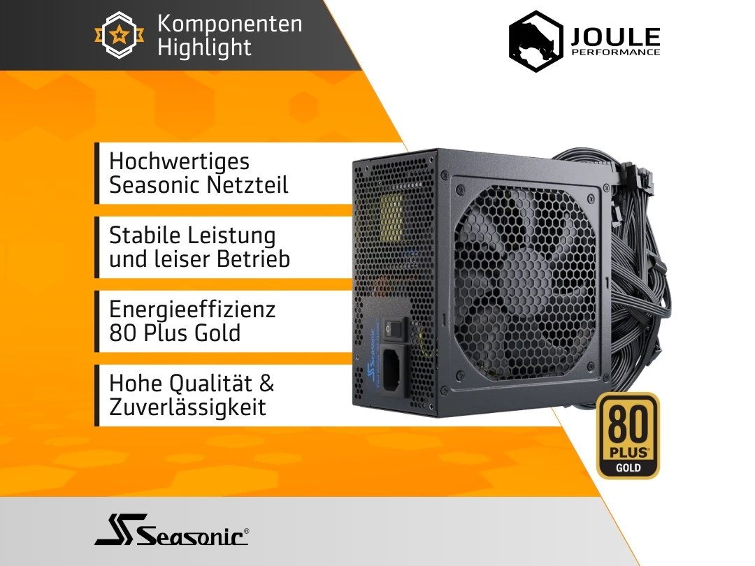 Schwarzes Seasonic Netzteil mit Lüfter und Kabeln, 80 Plus Gold Zertifizierung.