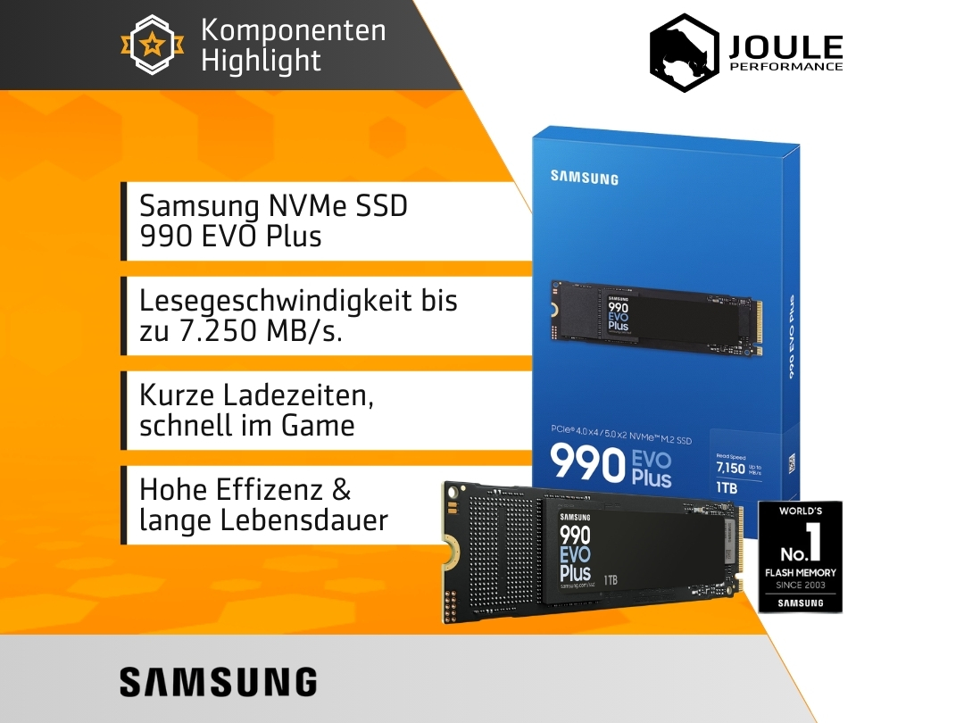 Samsung 990 EVO Plus SSD mit 1TB, PCIe 4.0. Lesegeschwindigkeit bis 7.250 MB/s.