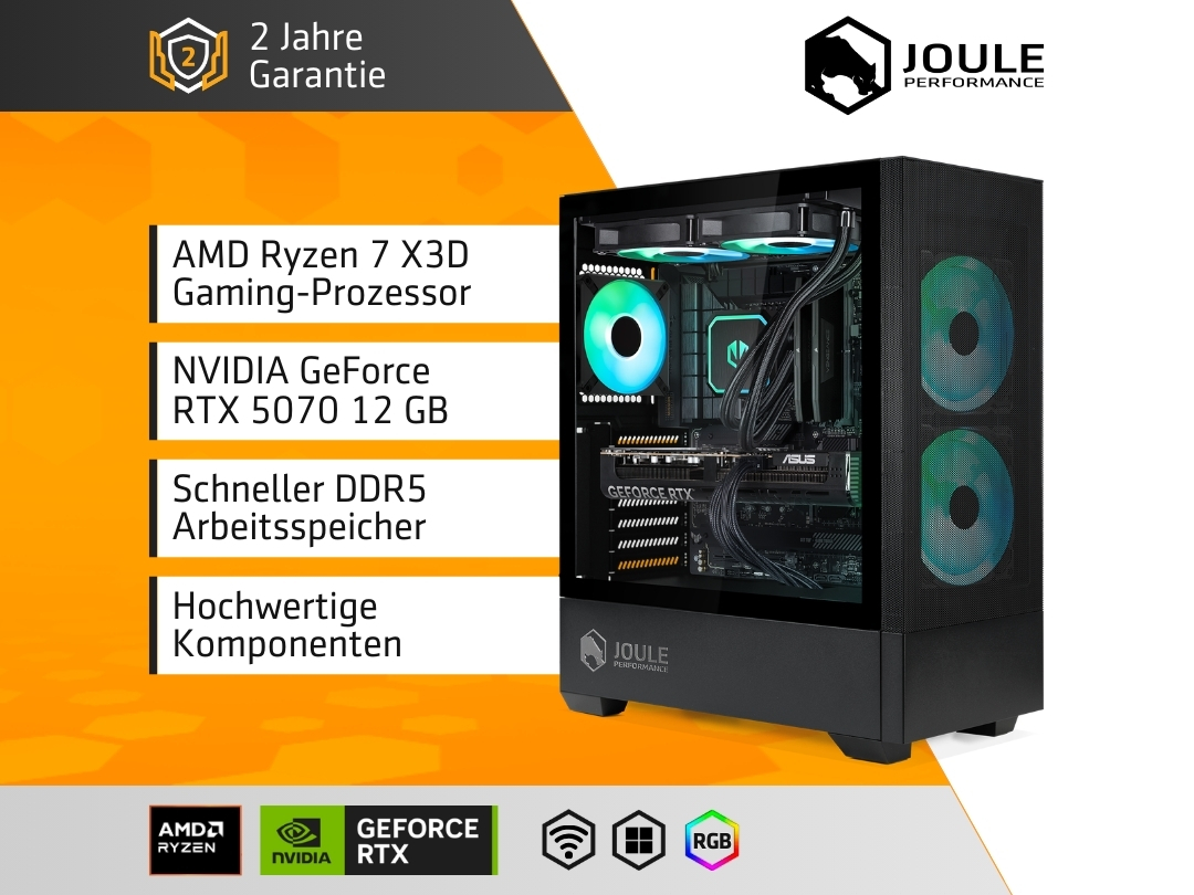 Gaming-PC mit AMD Ryzen 7, RTX 5070, DDR5 RAM und RGB-Lüftern.
