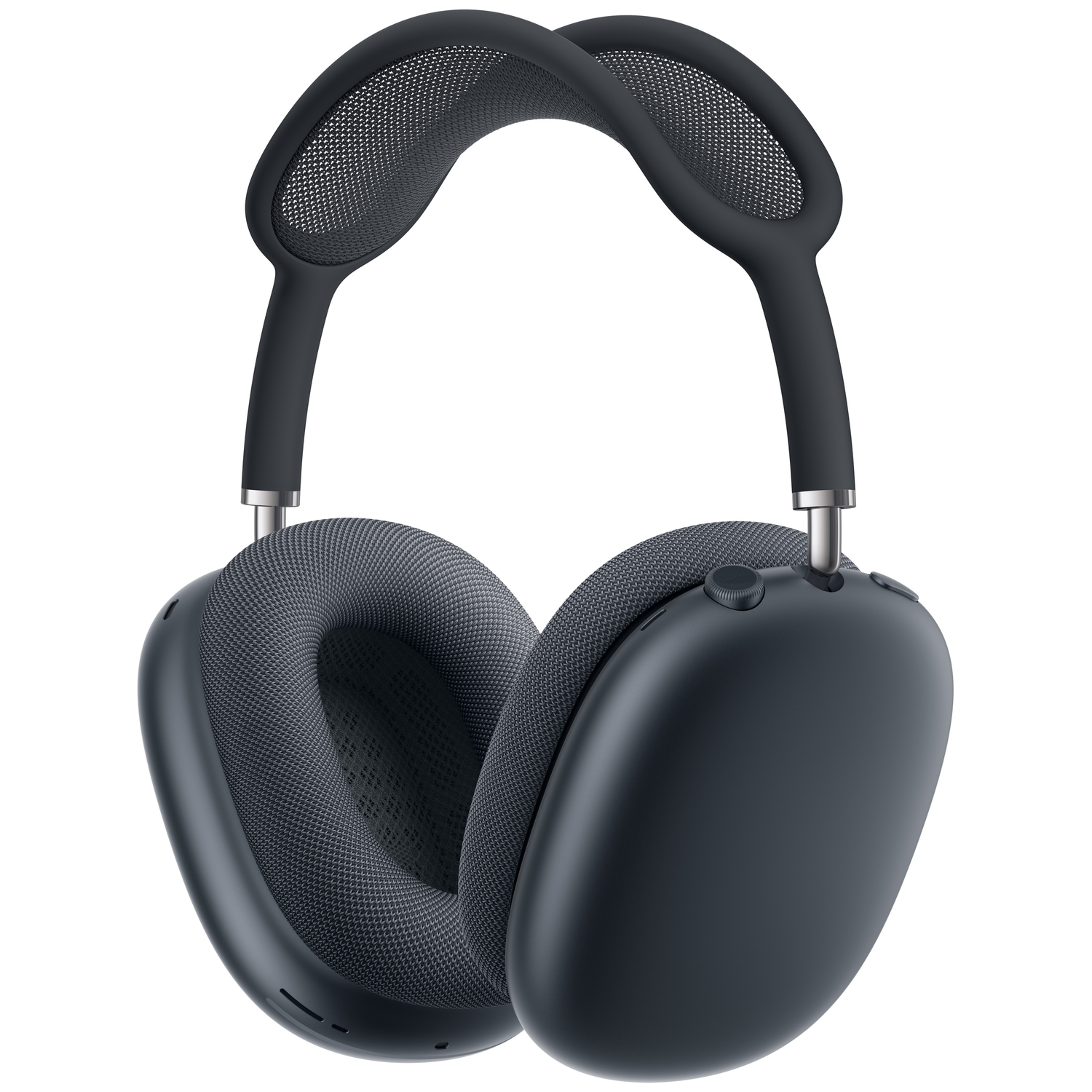 Donkergrijze over-ear koptelefoon met mesh hoofdband en oorkussens.