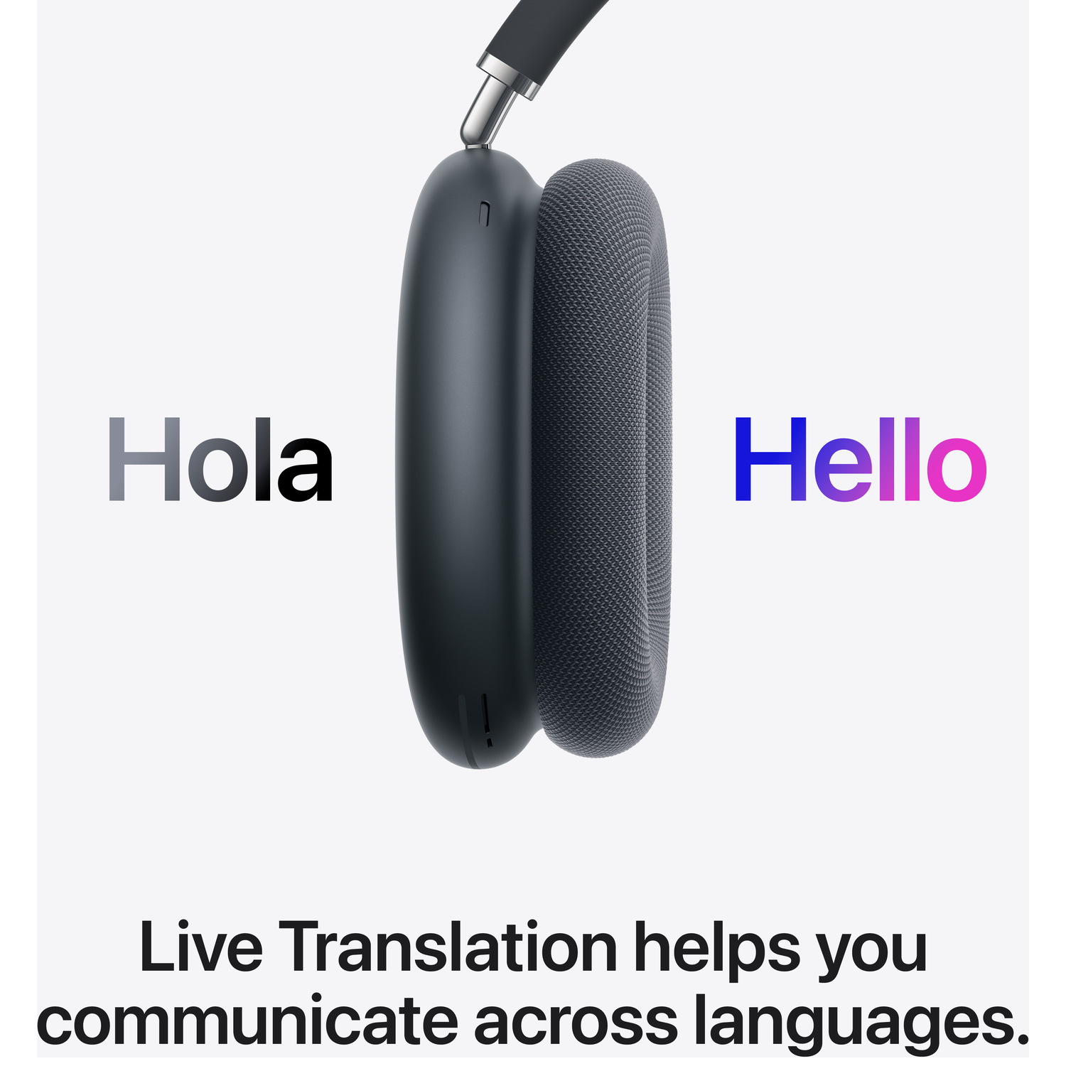Koptelefoon met "Hola" en "Hello" en tekst over live vertaling.