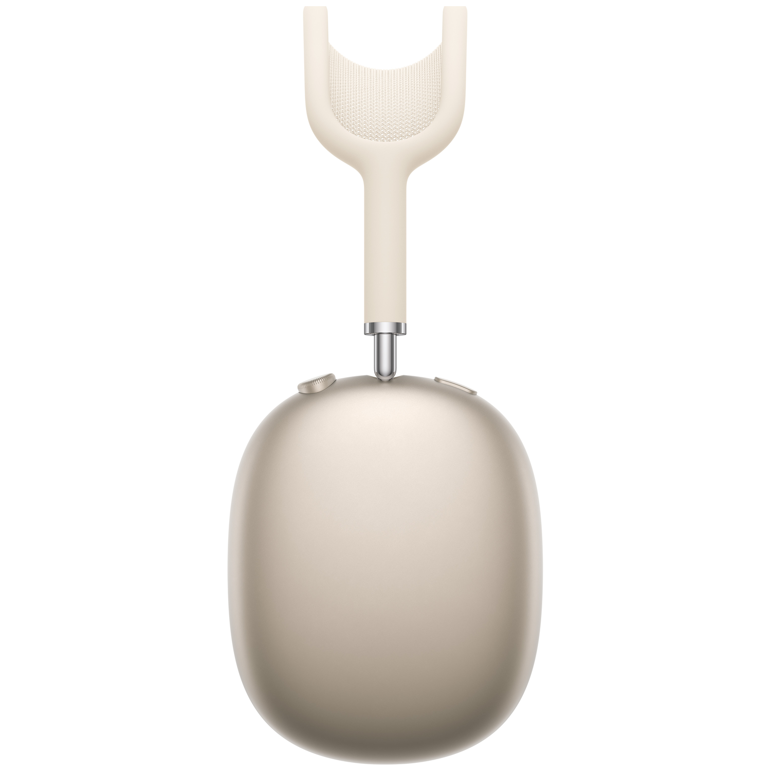 A beige headphone with silver accents on a white background.