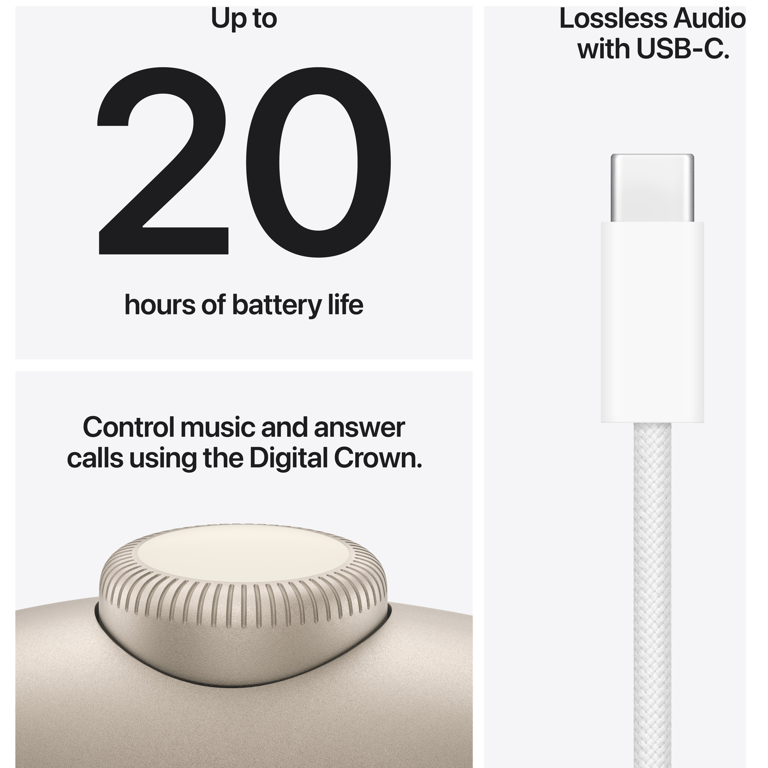 Up to 20 hours battery, Digital Crown control, and USB-C cable.