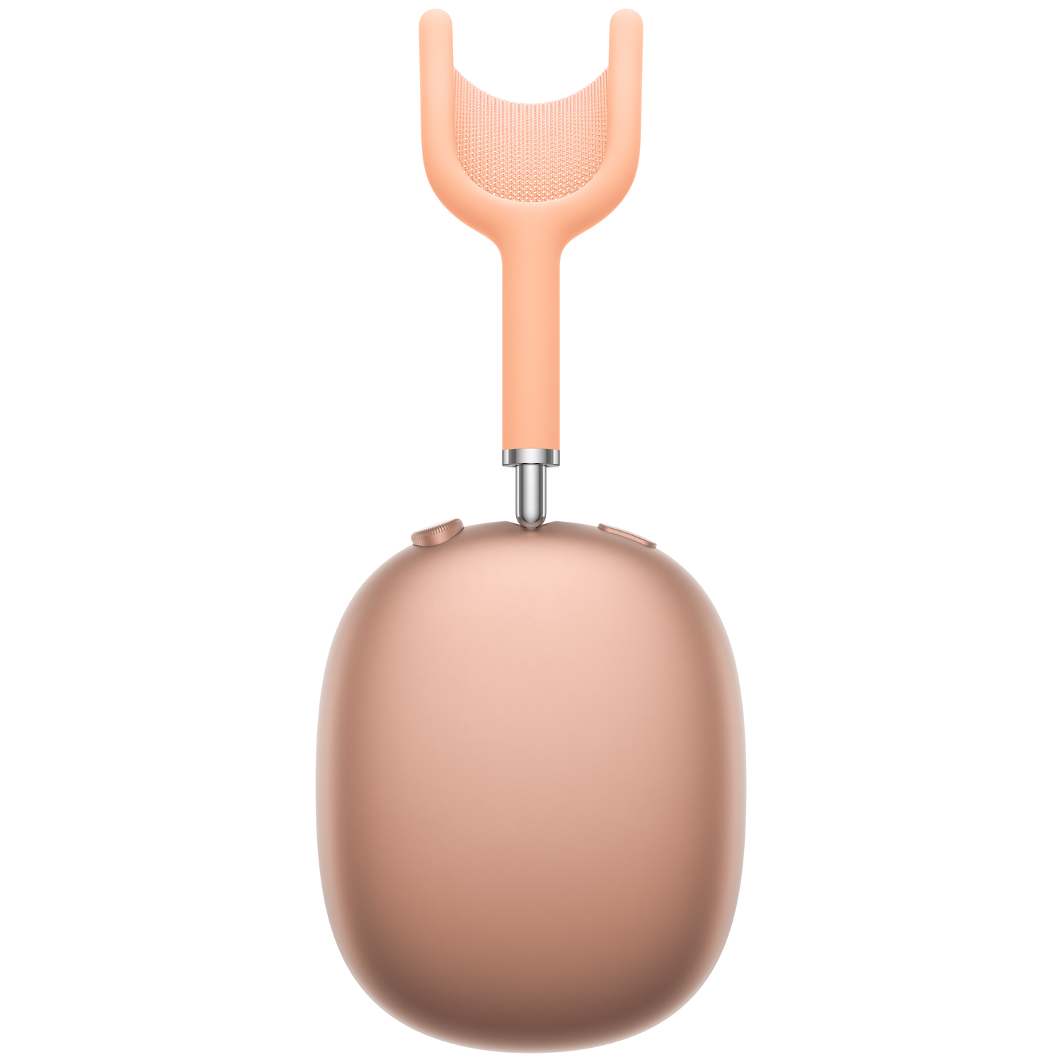 A rose gold headphone with a curved headband and a brush attachment.
