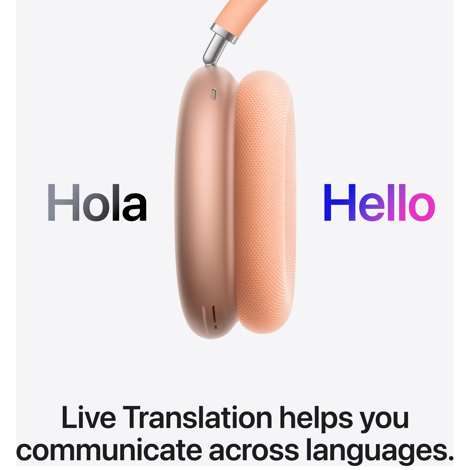 Headphones with "Hola" and "Hello" in different languages.