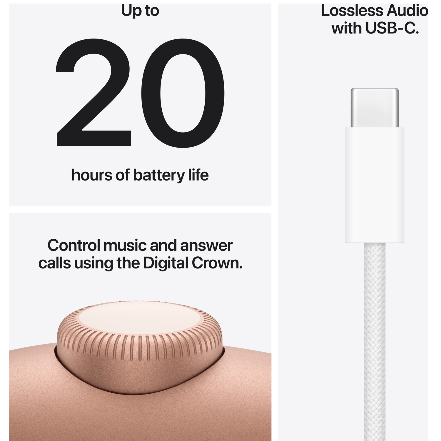 Up to 20 hours battery life, USB-C cable, Digital Crown control.