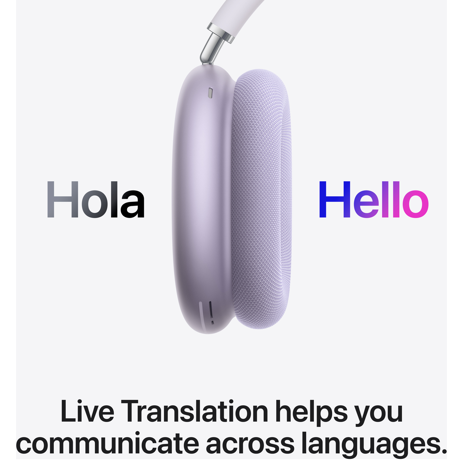 Purple headphones with "Hola" and "Hello". Live Translation.