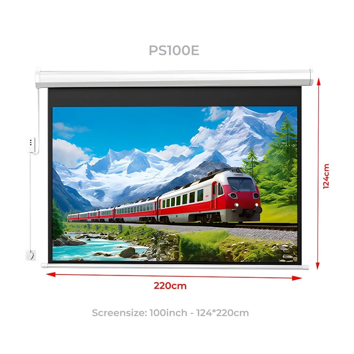 Bir projeksiyon perdesi, manzaralı bir dağ manzarasında seyahat eden bir treni gösteriyor.