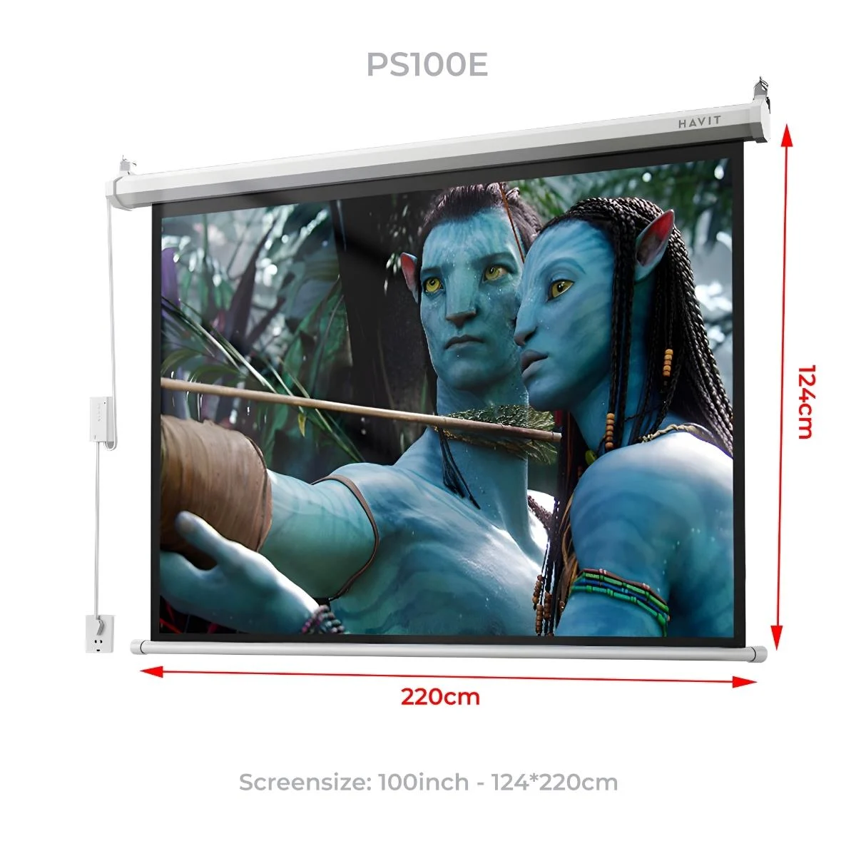 Avatar karakterleri gösteren projeksiyon perdesi, 220cm genişlik, 124cm yükseklik.