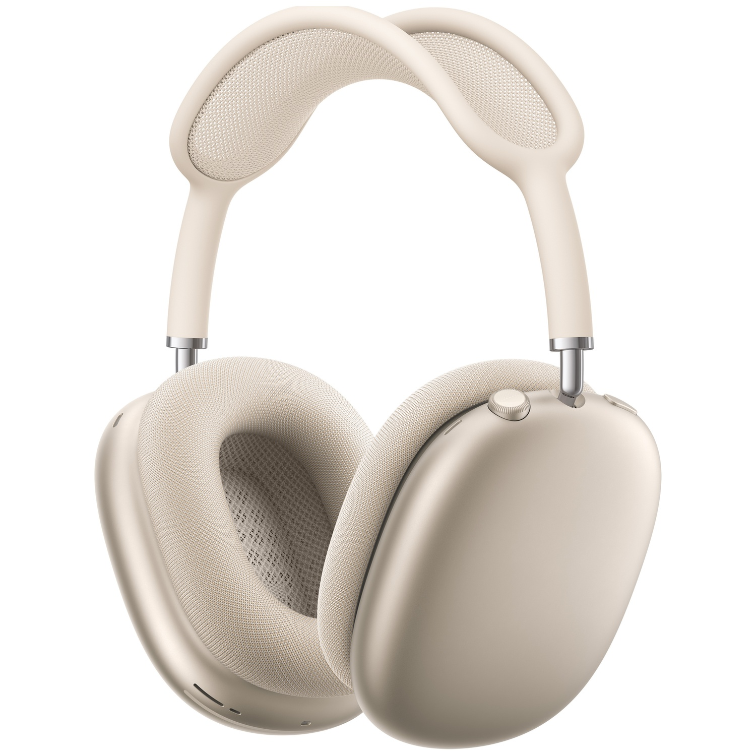 Casque beige à oreillettes douces et accents argentés.