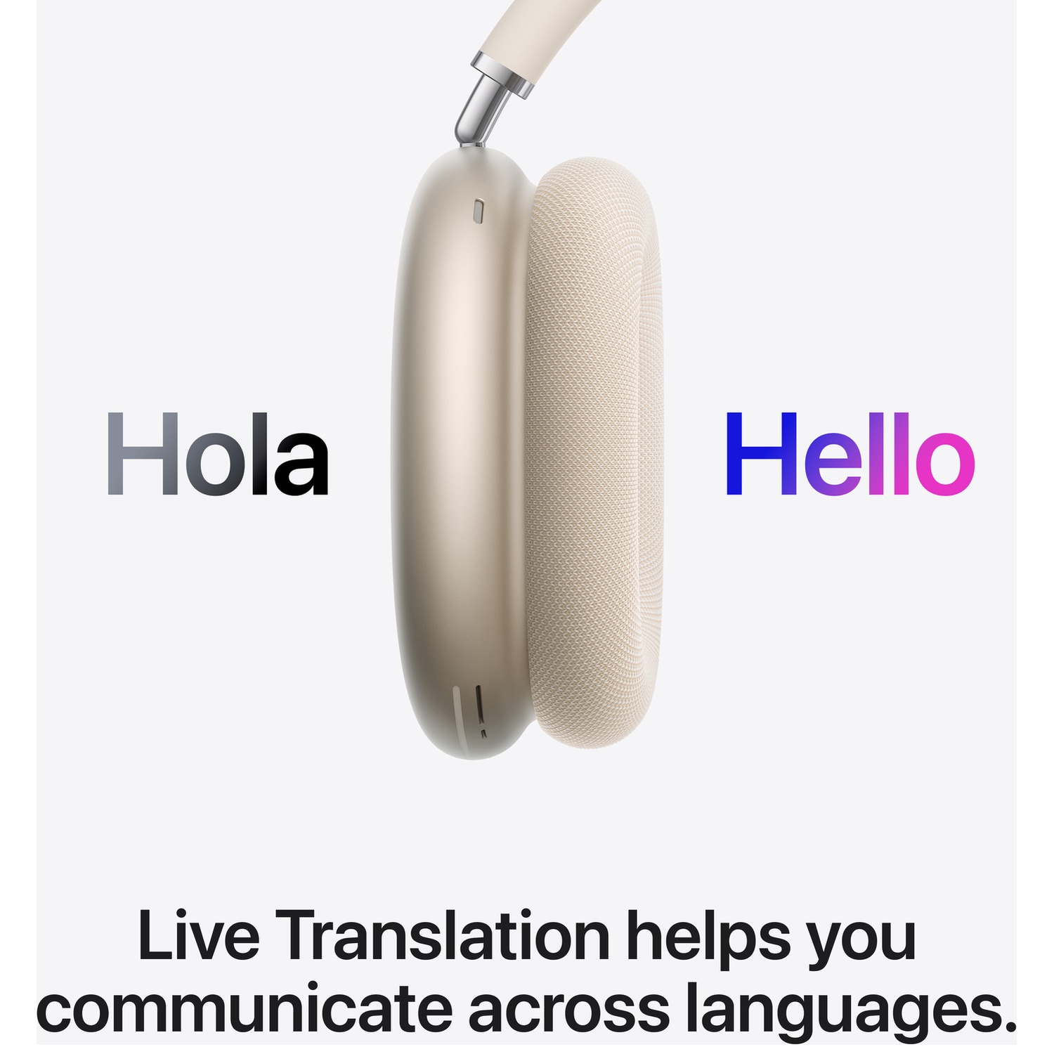 Casque doré avec "Hola" et "Hello". Traduction en direct.