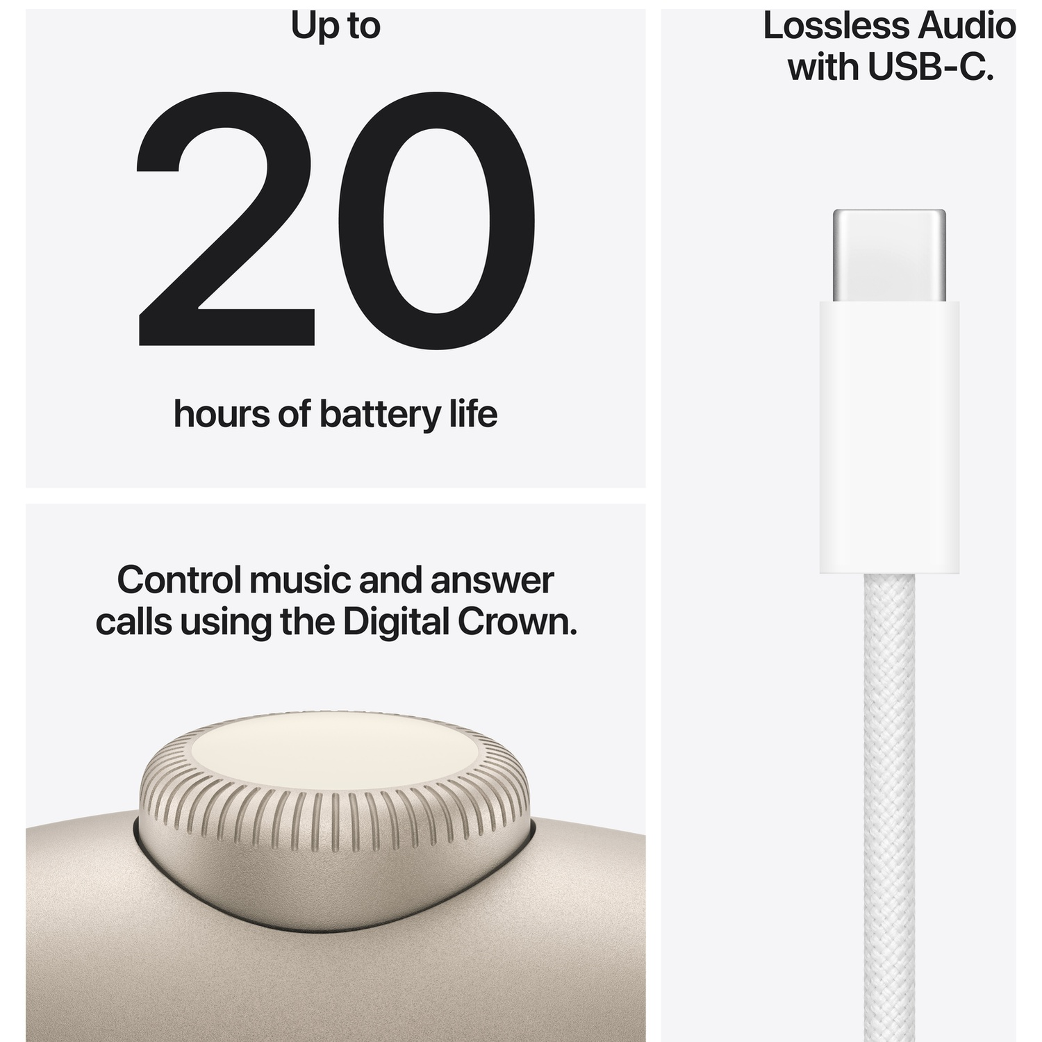 Jusqu'à 20h d'autonomie avec USB-C. Contrôle musique avec Couronne Digitale.
