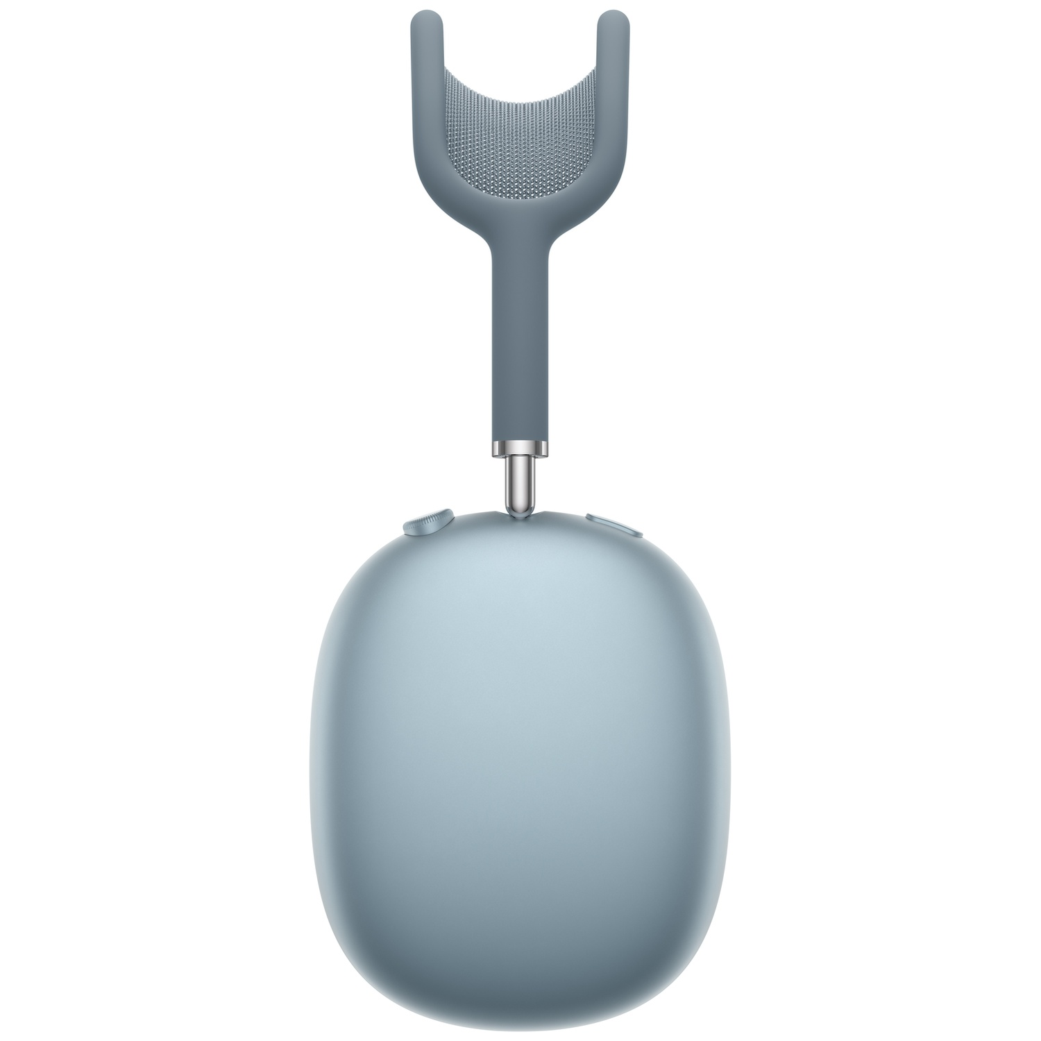 Un casque bleu avec arceau et oreillettes, sur fond blanc.