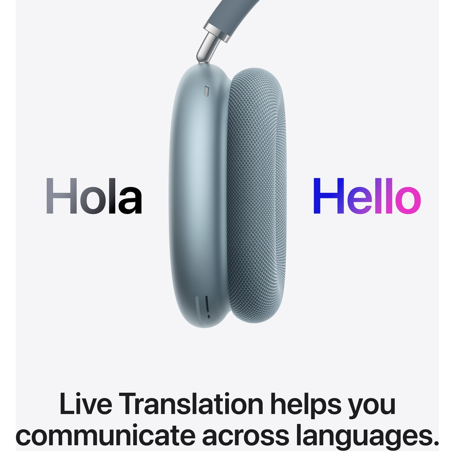 Casque bleu avec texte 'Hola' et 'Hello'. Traduction en direct.