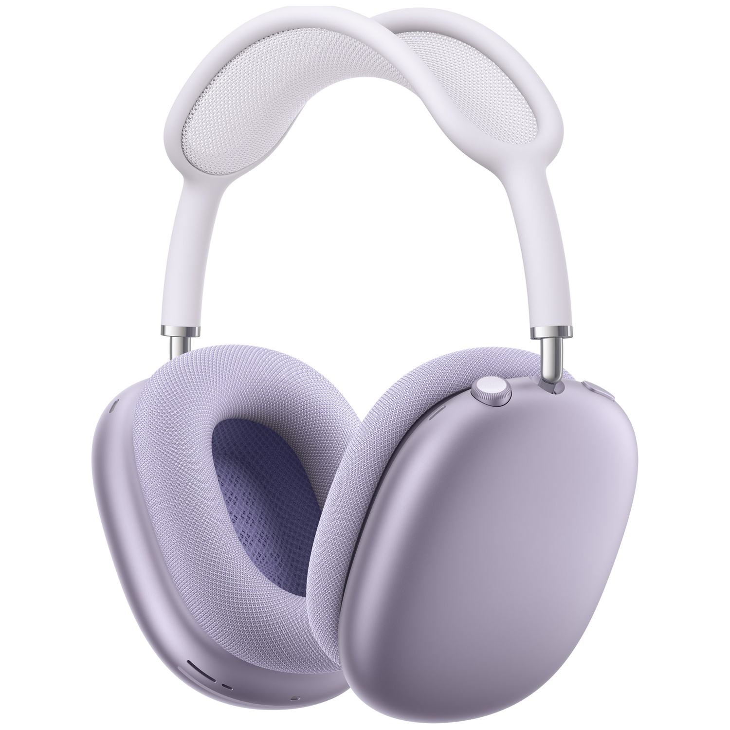 Lavender over-ear headphones with a white headband and mesh earcups.