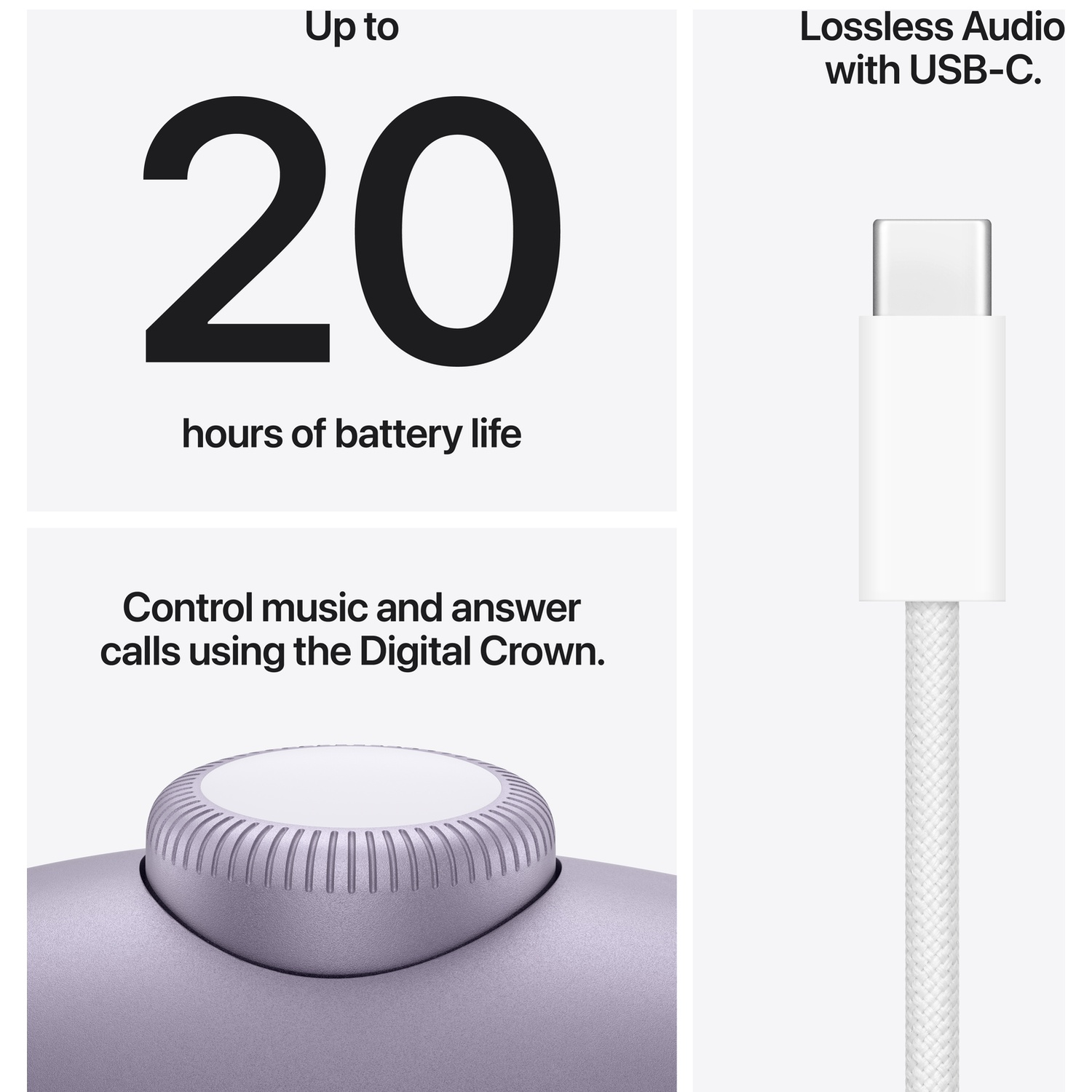 Up to 20 hours battery life, Digital Crown, USB-C cable.