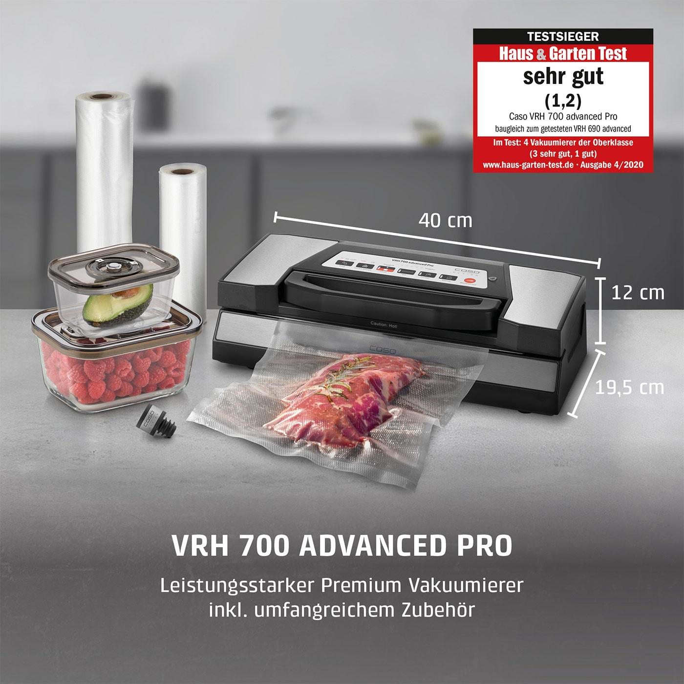 Ein Caso VRH 700 Advanced Pro Vakuumierer mit Zubehör, Beeren und Avocado.