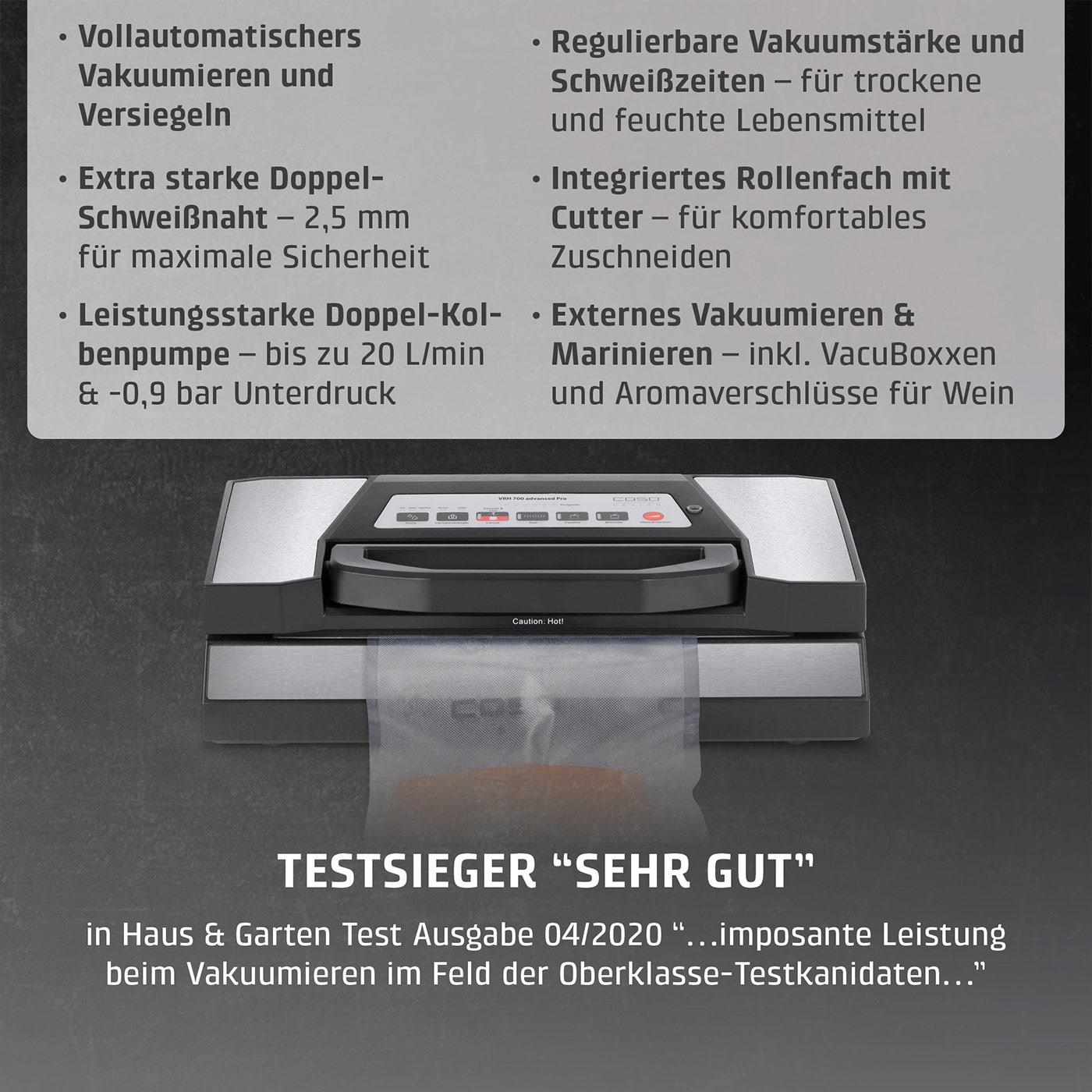 Vakuumiergerät mit Funktionen: Vollautomatisch, einstellbar, mit Rollenfach und Cutter.