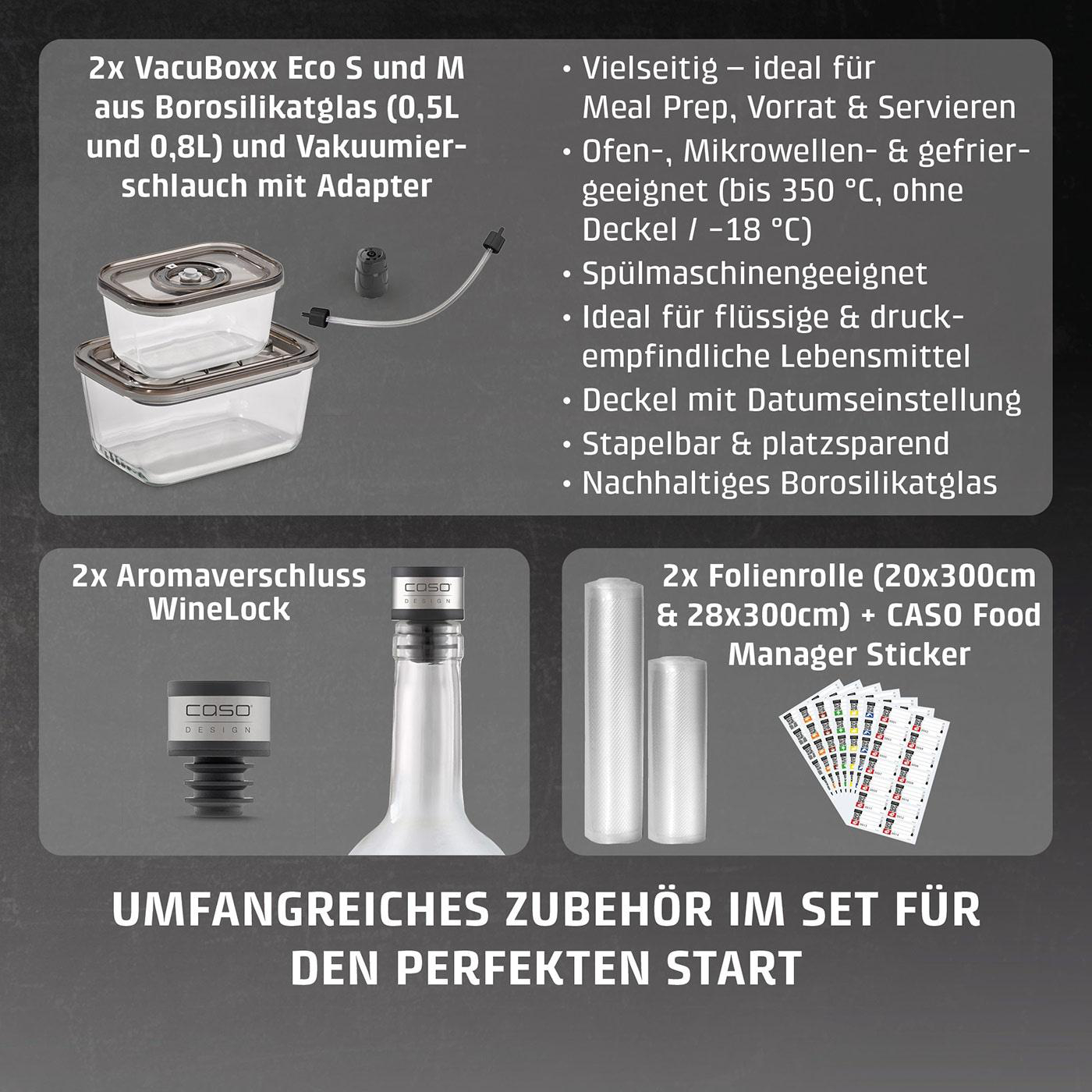 Zubehör für Vakuumiergeräte: Glasbehälter, Weinverschluss, Folienrollen und Sticker.