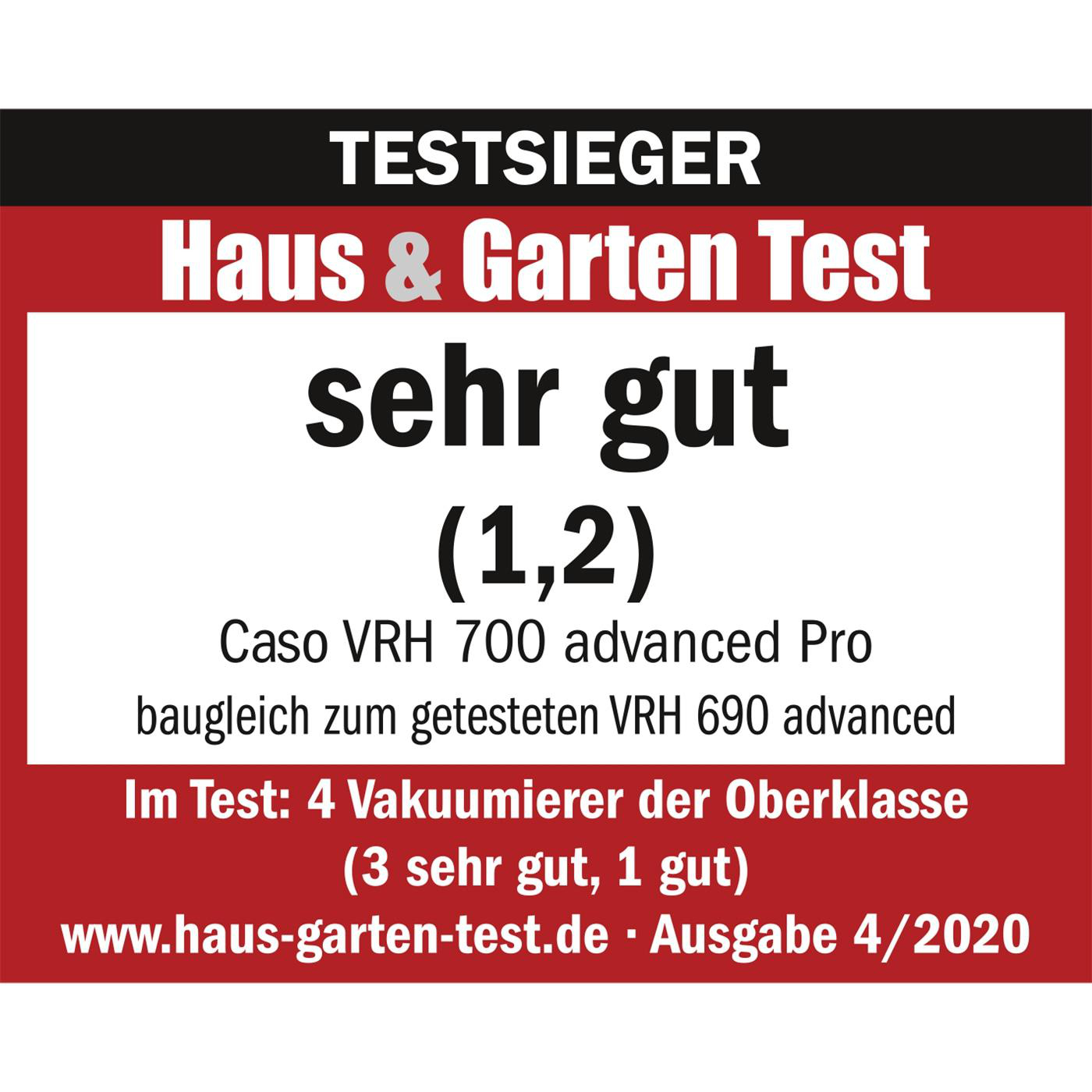 Testsieg: Sehr gut (1,2) für Caso VRH 700. 4 Vakuumierer getestet.