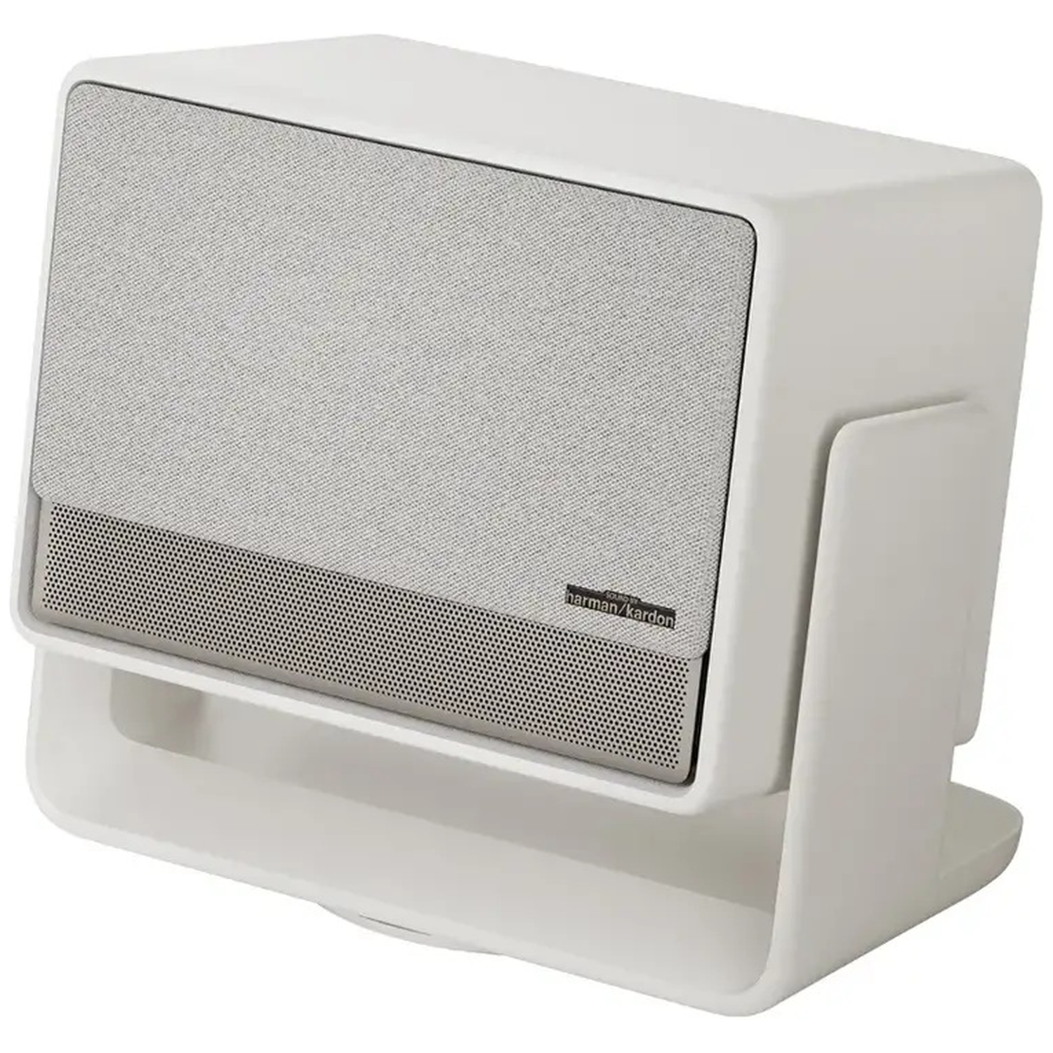 A white speaker with fabric grille and a Harman Kardon logo.