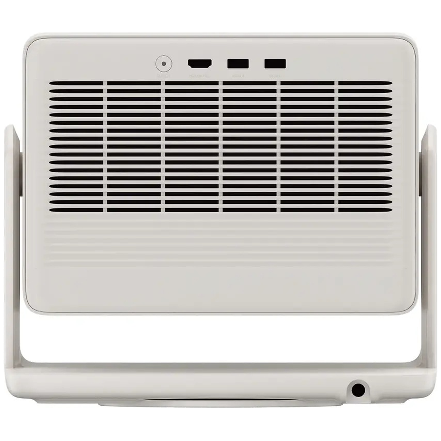 White projector with vents and ports on top. Silver stand supports the device.
