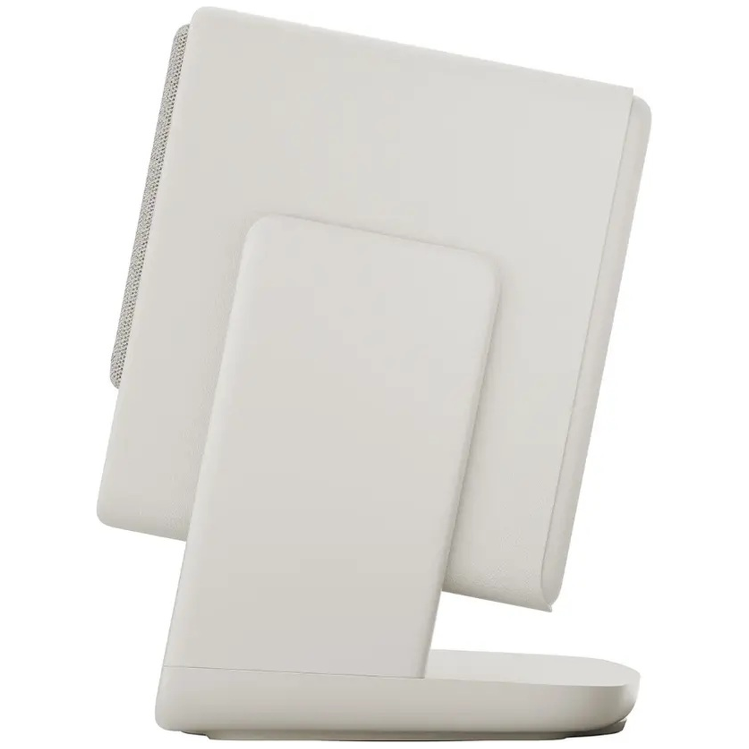 A white speaker with a grille on the left side and a stand.