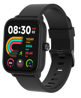Schwarze Smartwatch mit buntem Display, zeigt Uhrzeit, Schritte, Kalorien und Temperatur.