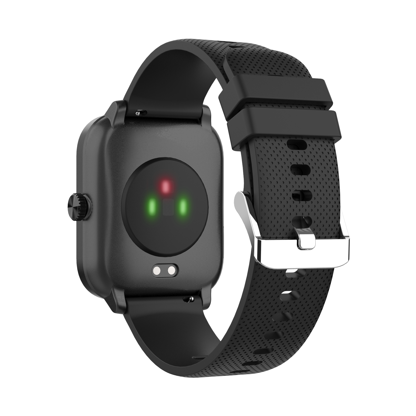 Rückseite einer schwarzen Smartwatch mit Herzfrequenzsensor und Dornschließe.