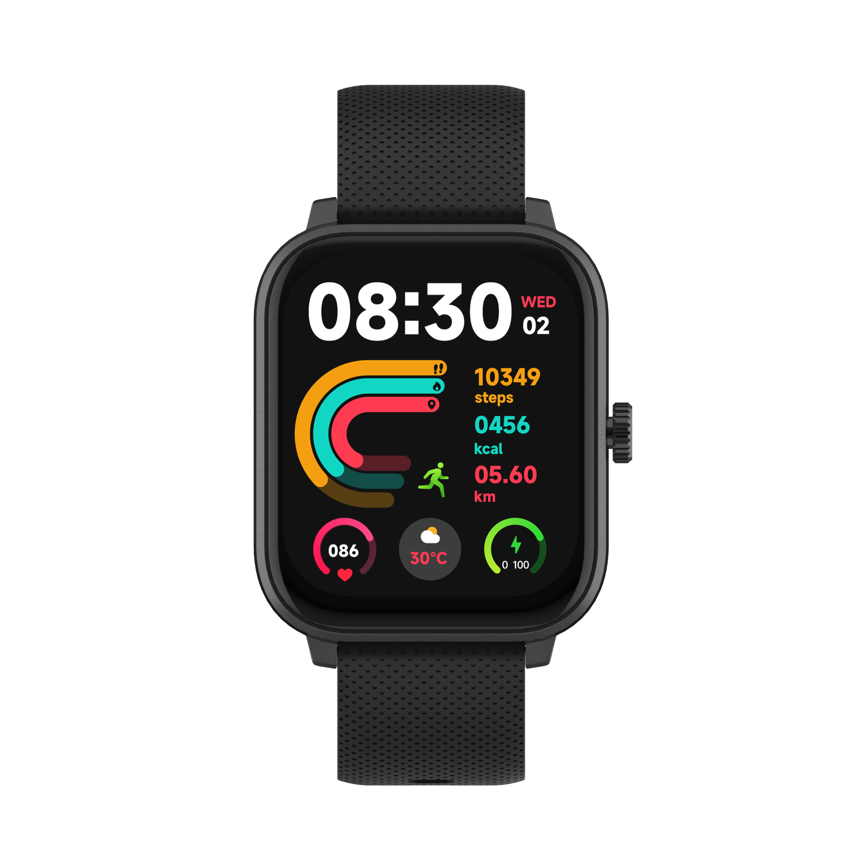 Eine schwarze Smartwatch zeigt 08:30 Uhr, 10349 Schritte, 456 kcal, 5,60 km an.