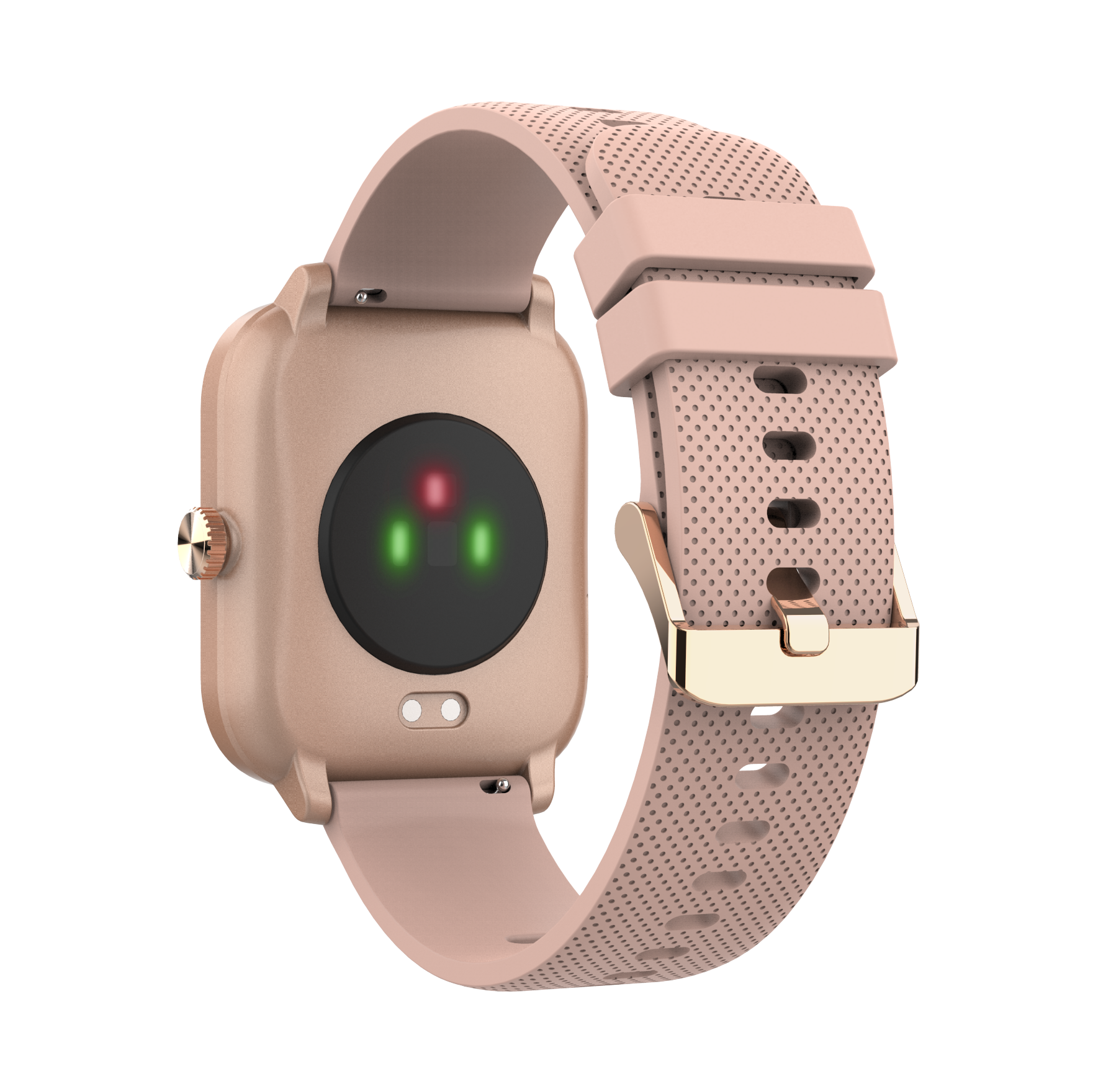 Eine rosafarbene Smartwatch mit Herzfrequenzsensor und goldenem Verschluss.