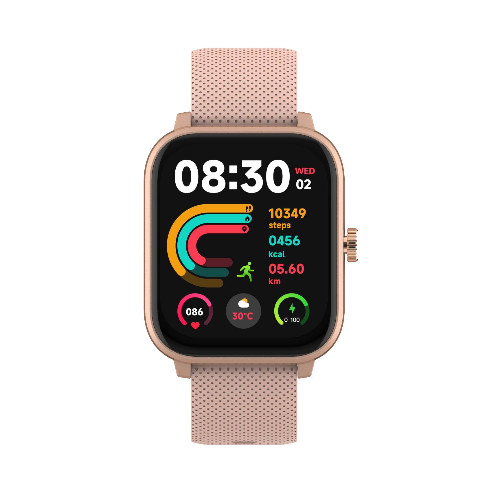 Eine rosafarbene Smartwatch zeigt 8:30 Uhr, 10.349 Schritte, 456 kcal, 5,60 km, 86 Herzschläge & 30°C.