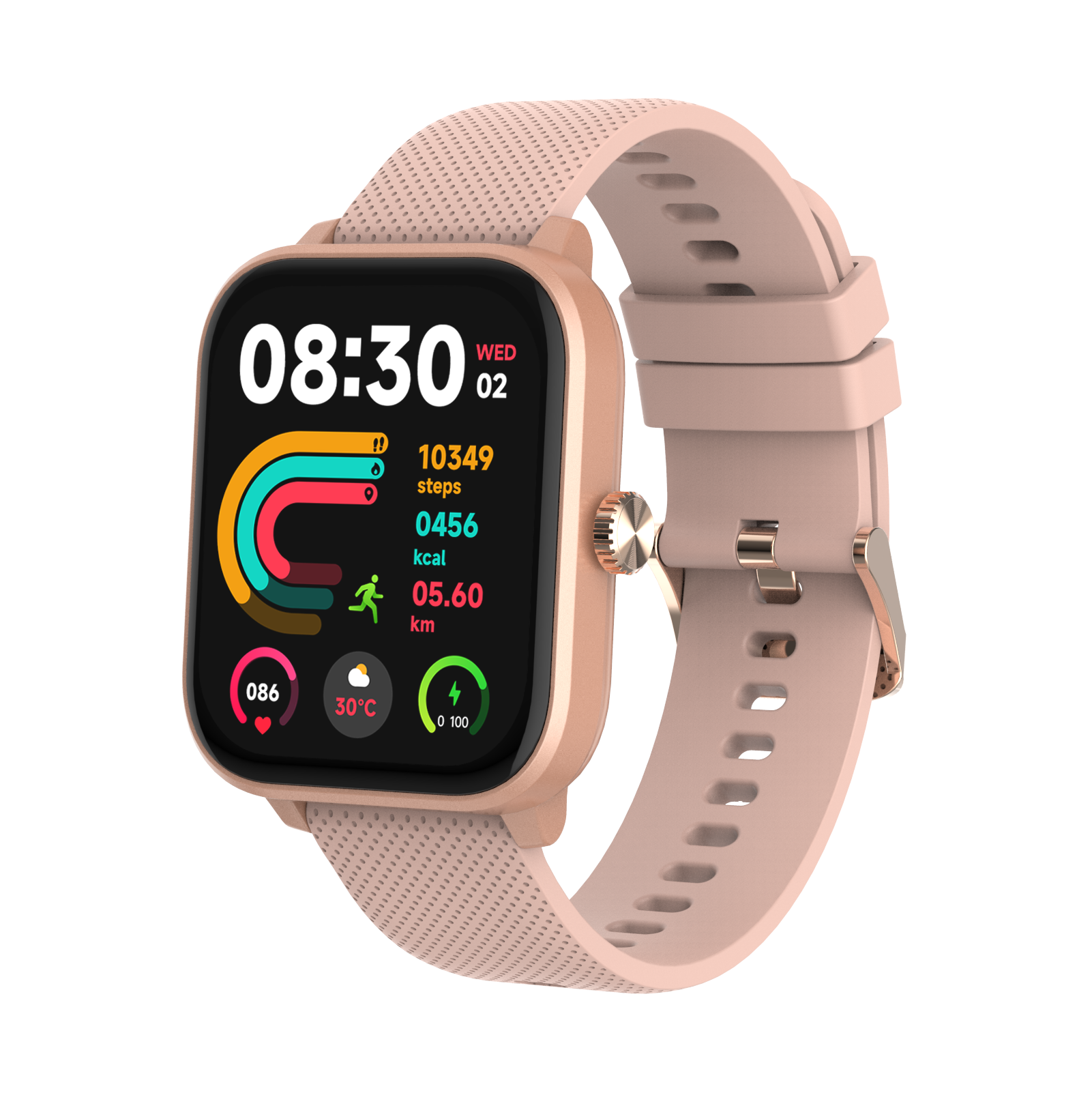 Eine rosafarbene Smartwatch zeigt 08:30, 10349 Schritte, 456 kcal, 5,60 km, 86 Schläge/Min, 30°C.