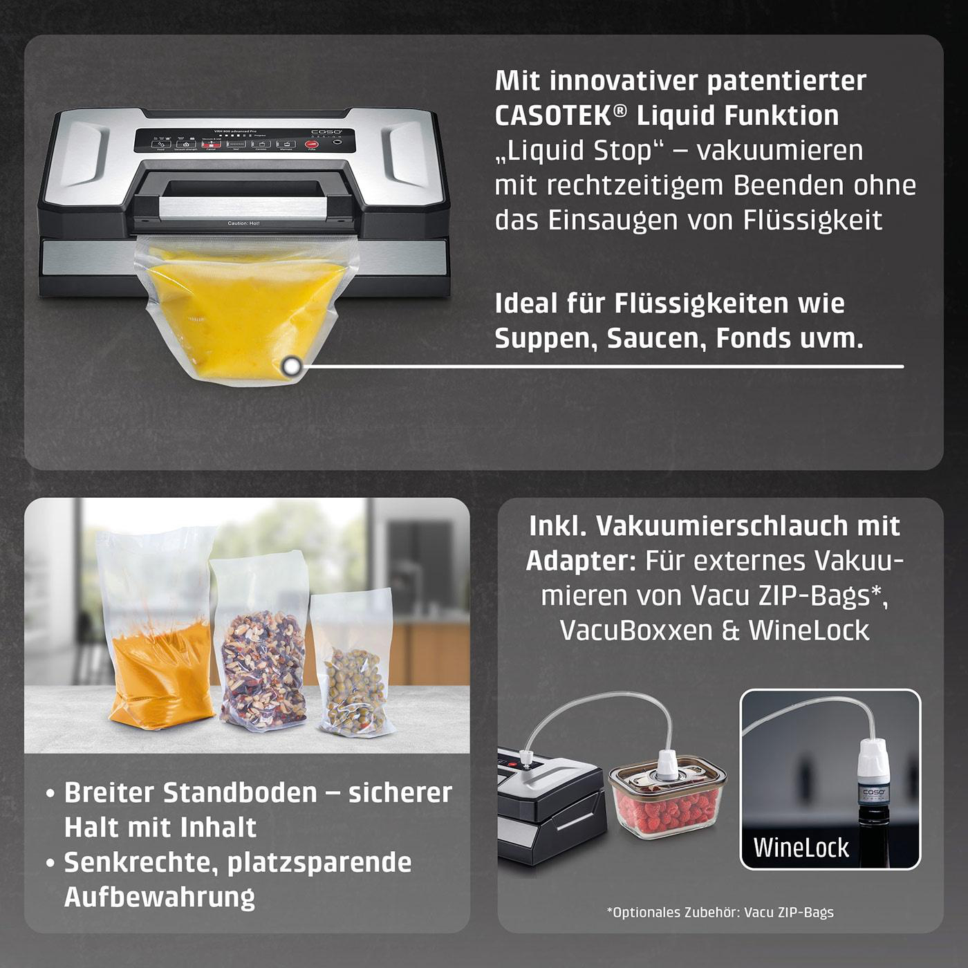 Vakuumierer mit gelber Flüssigkeit, drei Beutel mit Inhalt, und Zubehör.