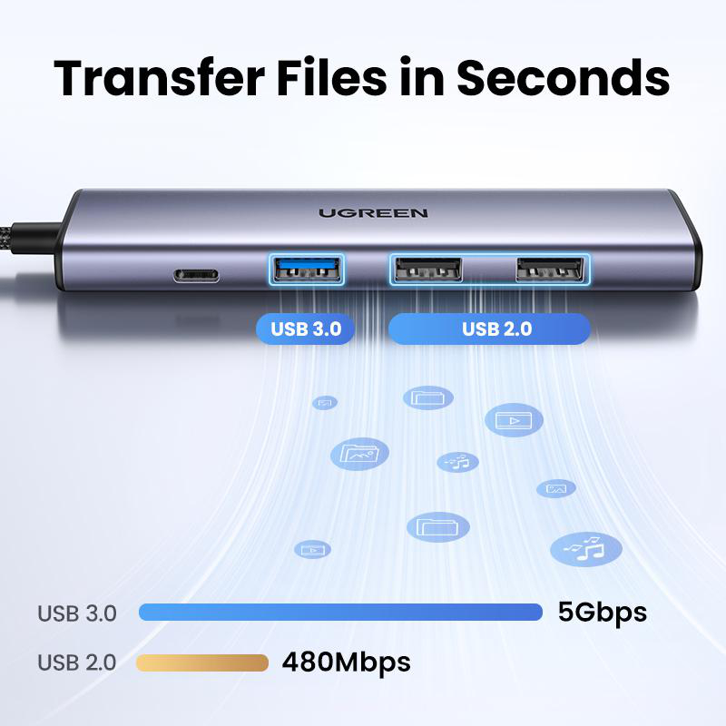 Ein grauer UGREEN USB-Hub mit USB 3.0 und 2.0 Anschlüssen.