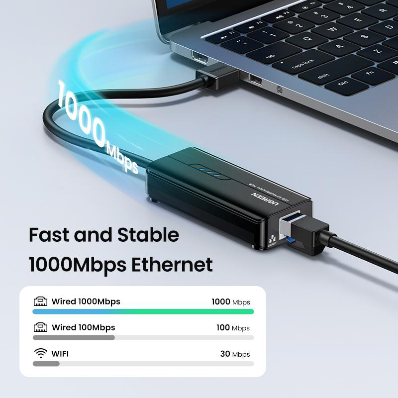 Schwarzer Ethernet-Adapter verbunden mit Laptop, zeigt 1000 Mbps.