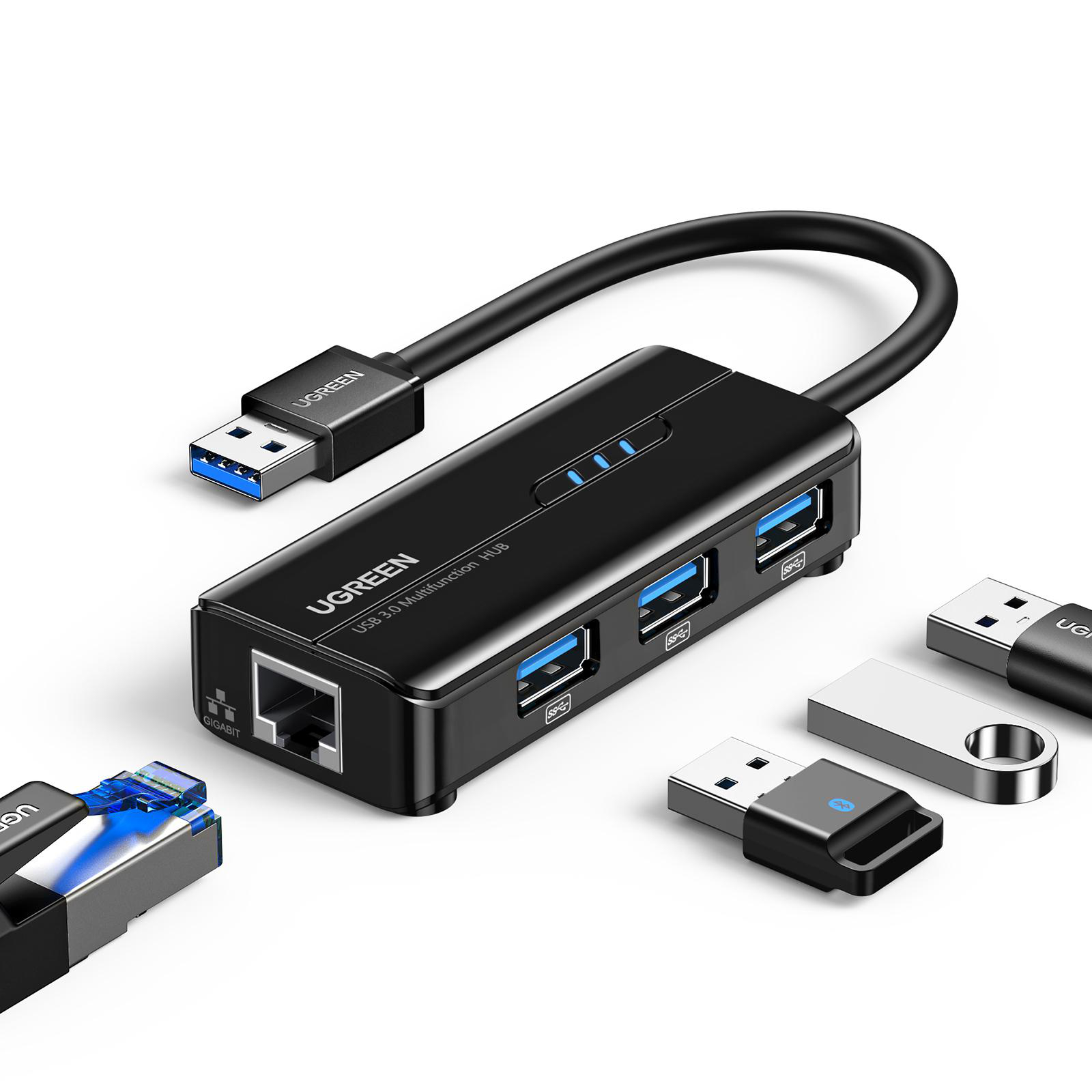 Schwarzer USB-Hub mit drei USB-Anschlüssen, einem Ethernet-Anschluss und einem USB-Kabel.