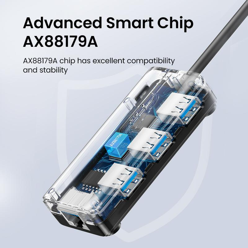 Transparenter USB-Hub mit drei blauen USB-Anschlüssen und einem AX88179A-Chip.