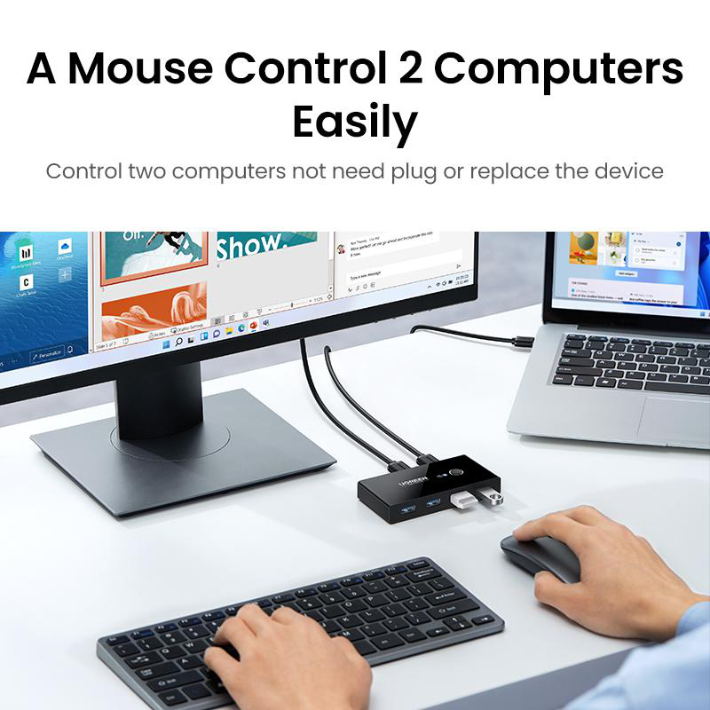Ein KVM-Switch verbindet einen Monitor, Tastatur und Maus mit zwei Computern.