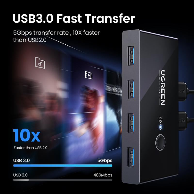 Schwarzer USB 3.0 Hub mit 5 Anschlüssen, 5 Gbps Übertragungsrate.