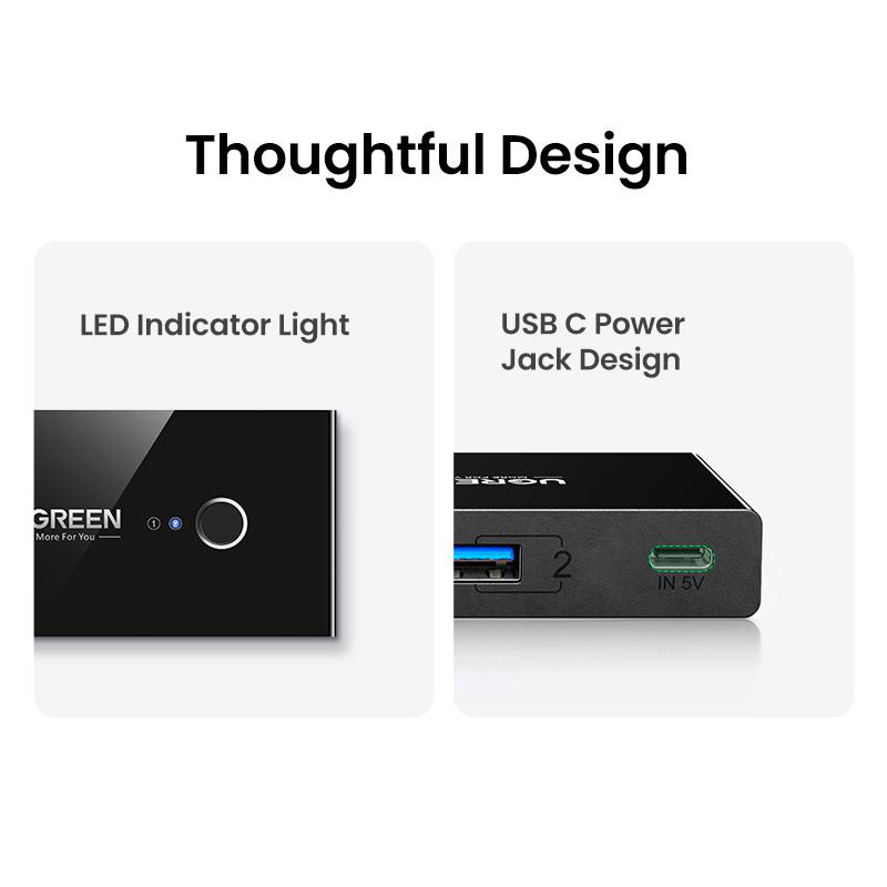 Schwarzes Ladegerät mit LED und USB-Anschlüssen, beschriftet mit 'GREEN' und 'IN 5V'.