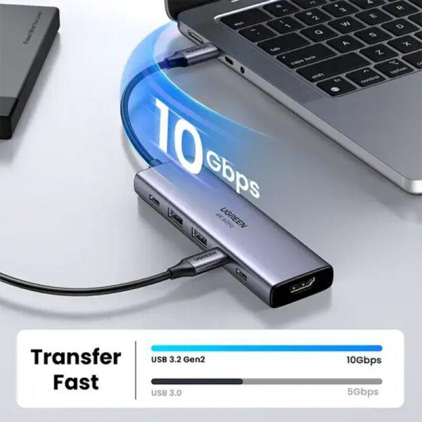 Ein grauer USB-C-Hub ist an einen Laptop angeschlossen und zeigt 10 Gbps an.